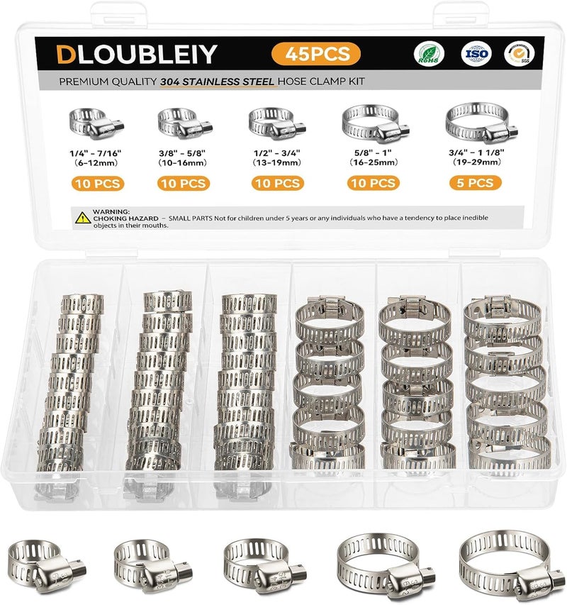 DLOUBLEIY 45PCS Hose Clamp Assortment Kit - Stainless Steel Hose Clamps with Worm Gear, Adjustable 1/4'' to 1-1/8'' (6-29mm) for Plumbing, Automotive, and Mechanical Applications - Image 1